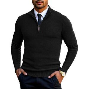 Men's Slim Fit Quarter Zip Pullover Sweater, Knit Mock Neck Polo Black Sweater